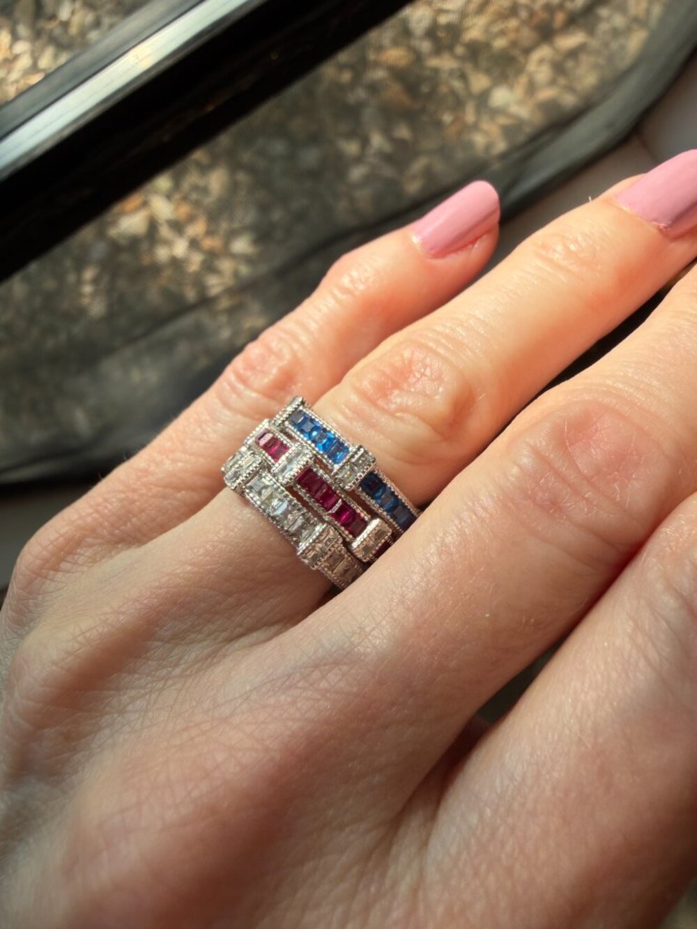Art Deco 925 Sterling Ruby Red, Diamond White & Sapphire Blue CZ Stack Ring Set